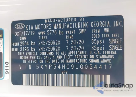 2020 Kia Telluride Sx z USA, uszkodzony, nr VIN 5XYP54HC9LG054417